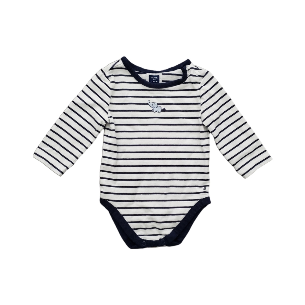 Janie and Jack 0-3 Months Navy and White Striped Elephant Long Sleeve Bodysuit